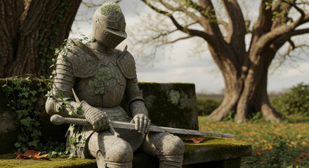 Stone statue of a medieval knight in armor overgrown with moss and ivy sitting on a bench holding a sword in a serene park landscape