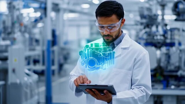 A man in a lab coat examines a holographic engine design on a tablet in a factory
