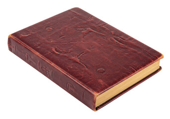 Isolated brown leather book with gold edges and raised pattern, in portrait format, vintage
