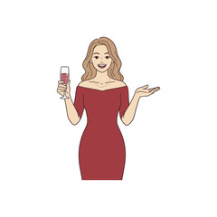 Smiling woman in red dress holding wine glass festive vector illustration for celebration event invitation or lifestyle branding in clean cartoon style