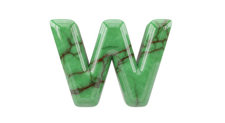 Isolated green marble letter W, carved uppercase font. Unique typographic alphabet