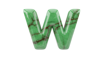 Isolated green marble letter W, carved uppercase font. Unique typographic alphabet