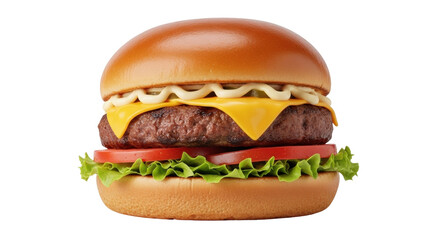 Isolated burger on bun with beef patty, cheese, lettuce, tomato, and mayonnaise close-up