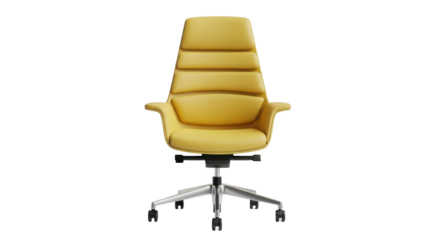 Isolated yellow modern high back armchair on shiny metal base with casters on the bottom