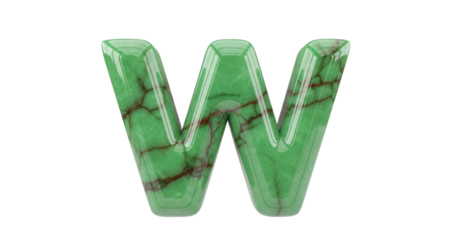 Isolated green marble letter W, carved uppercase font. Unique typographic alphabet