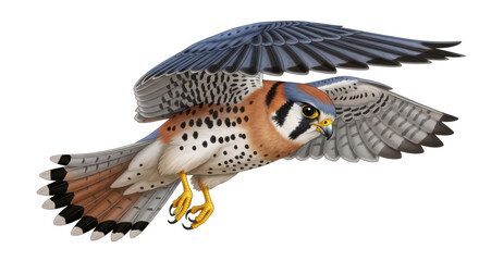 Isolated American Kestrel with outstretched wings, artwork flying bird of prey falconidae family