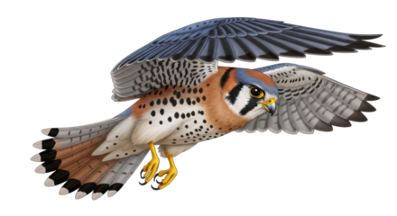Isolated American Kestrel with outstretched wings, artwork flying bird of prey falconidae family