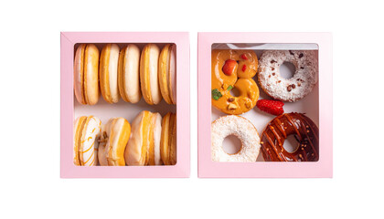 Pair of Bakery Doughnut Boxes Featuring Colorful Varieties – isolated on transparent background