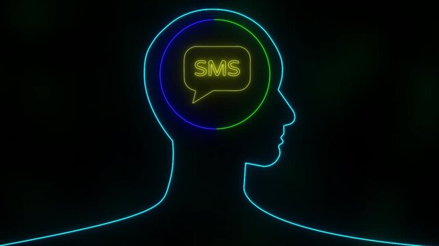 Neon human head silhouette with SMS  inside brine. Time management, pressure, deadlines and thinking concept on Black background.