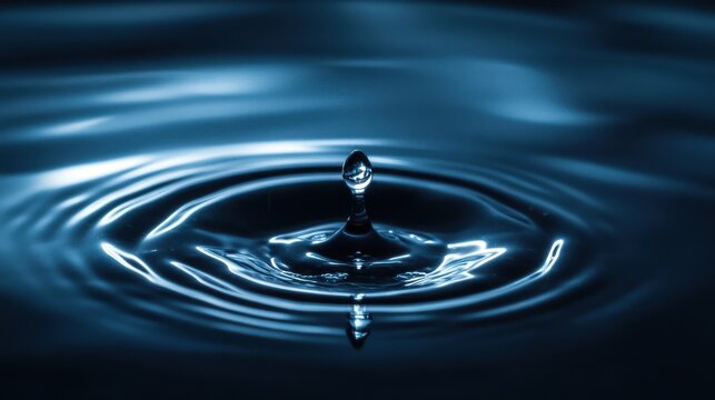 Water droplet creates ripples in calm blue surface during peaceful moment in nature