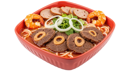 Isolated Vietnamese soup, Bun Bo Hue, served in a red bowl with shrimp and beef shin cuts