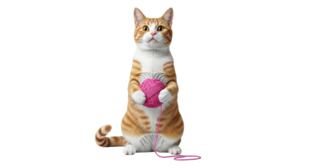 Isolated tabby cat playing with pink wool ball on two legs, standing up straight