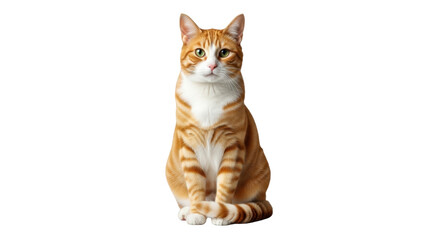 Isolated orange tabby cat sitting up facing forward looking at the camera, on clean backdrop