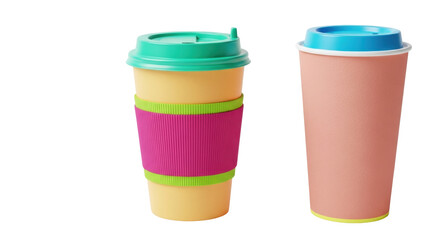 Isolated reusable coffee cups with lids and sleeves for hot drinks on a flat surface