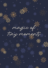 Snowflakes and lettering, greeting card design. Snow pattern, winter holiday seasonal poster with handwriting. Festive Christmas snowfall, magic night, postcard background. Flat vector illustration