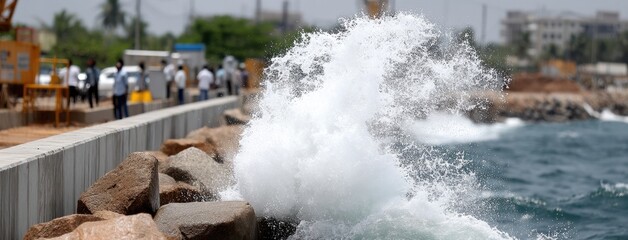 Waves crashing against rocks at a coastal location while people stroll along the waterfront during a sunny day