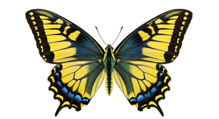 Isolated Eastern Tiger Swallowtail butterfly with yellow and blue wings, on white