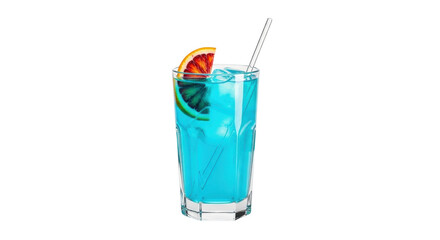 Isolated summer beverage with citrus fruit garnish and a straw, in a tall glass. Summer drink