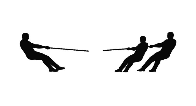 Three silhouetted figures engaged in a classic tug of war competition
