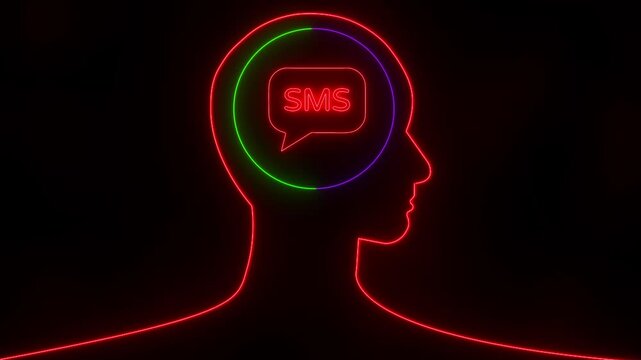 Neon human head silhouette with SMS  inside brine. Time management, pressure, deadlines and thinking concept on Black background.