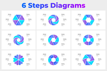 Set of six step diagrams for presentations, workflows, or business illustrations. Ideal for information representation and creative, striking visual applications