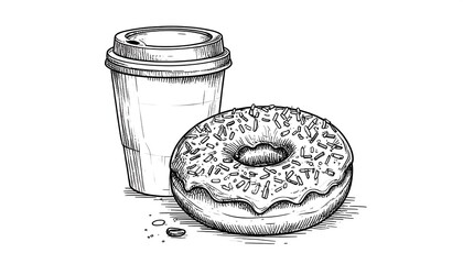 Monochrome illustration of a takeaway coffee cup and a sprinkle donut