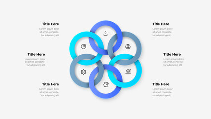 Infographic design featuring interconnected blue and cyan rings with icons, surrounded by informative text elements, representing concepts like teamwork, interconnectedness, and modern design