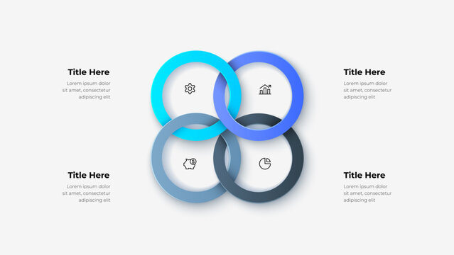 Abstract infographic design with four interconnected rings showcasing business icons and concepts, ideal for presentations, reports, or analytics
