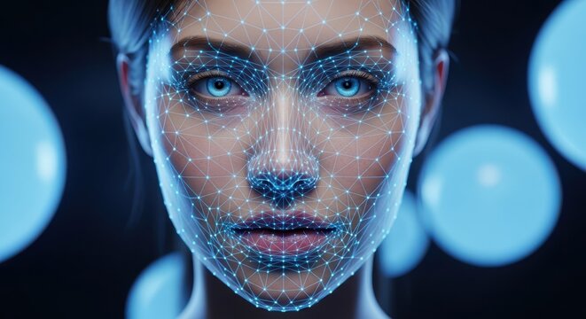 Futuristic woman with holographic facial mapping in dark setting showcasing advanced technology