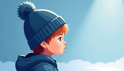 Child wearing oversized beanie looking thoughtfully at the sky  