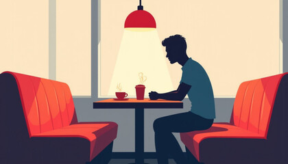 Young man sitting alone at diner booth with coffee on table  