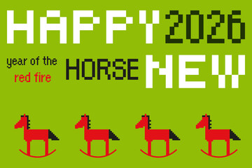 Happy New Year 2026. Year of the Red Fire Horse. Pixel Art Trendy Design for web banner, poster, invitation, card
