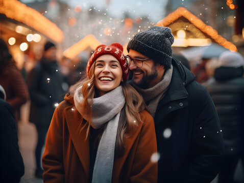 Portrait of a happy couple at Christmas market outdoors, blurry background with people crowed