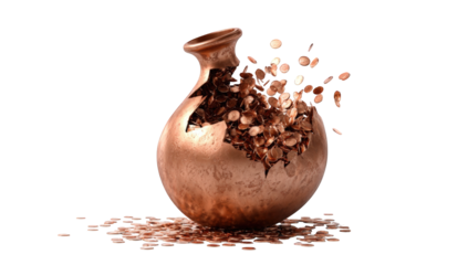 A copper-colored vase shatters, spilling coins
