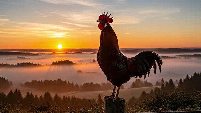 Rooster crows at stunning sunrise over misty landscape, heralding a new day and fresh beginnings in the countryside with vibrant morning light - Powered by Adobe