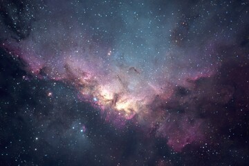 Fototapeta premium Mesmerizing cosmic field with vivid stars and colorful dust clouds in purple, pink, and light blue hues, inviting viewers into the grandeur and mystery of the universe