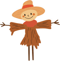 Cute smiling scarecrow wearing hat and scarf with autumn leaves, adorable fall harvest illustration for Thanksgiving and seasonal decoration design