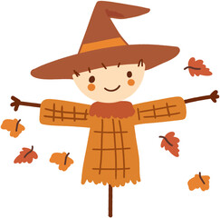 Happy cartoon scarecrow character in brown hat and patchwork clothes, cheerful autumn harvest illustration for children’s story or farm theme design