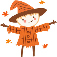 Smiling scarecrow with orange scarf and falling leaves, cute fall season vector illustration perfect for Thanksgiving and harvest festival graphics