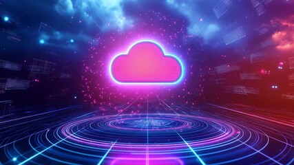 An animated visual of a cloud symbol surrounded by colorful lights and digital effects in a modern virtual environment - Powered by Adobe