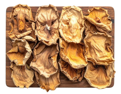 Top-down shot of dried, light brown, and textured fungi arranged on a wooden surface