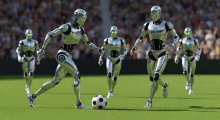 Robots playing football on a vibrant green pitch during a lively sports event