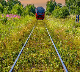 Front view of a railway locomotive on the rails on a summer day.