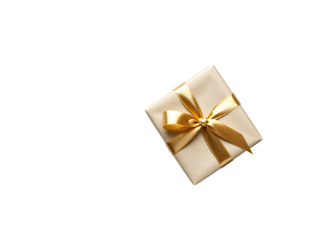 A square present box with gold ribbon sits against a black background. Well-lit and centered