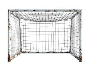 Isolated, aged metal soccer goal net on black background. Rust visible on frame. Detailed close-up view
