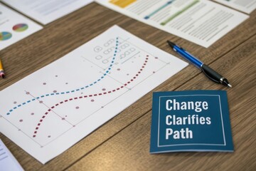 Overhead view of a business diagram with curves and a motivational card