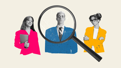 Contemporary collage. Magnifying glass focusing on job candidate among diverse applicants. Concept of recruitment, evaluation, human resource selection highlighting confidence and individuality.