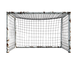 Weathered soccer goal with white metal frame and black net, isolated on a black background