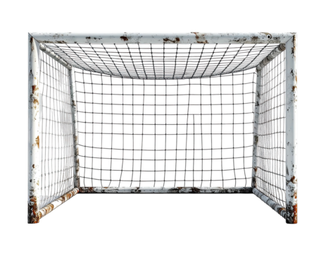 Isolated, aged metal soccer goal net on black background. Rust visible on frame. Detailed close-up view