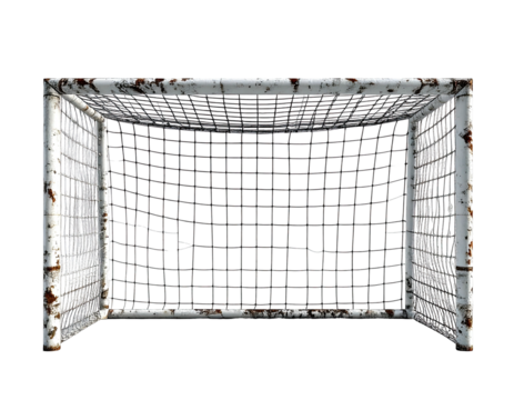 Weathered soccer goal with white metal frame and black net, isolated on a black background